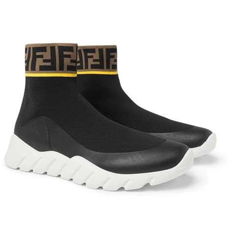 fendi logo-jacquard stretch knit-panelled leather high-top sneakers|Fendi Flow Vitello Leather & Tonal Logo Jacquard Sneakers.